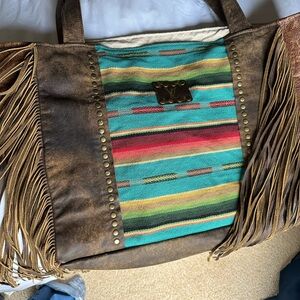Brown leather and Multicolor Fringe Tote Bag with LV accents